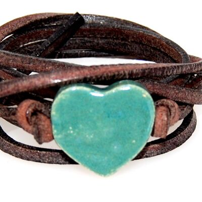 Bracelet cuir avec coeur en céramique vert foncé