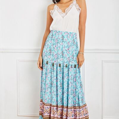 Maxi falda celeste, vaporoso bohemio con estampado floral