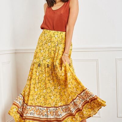 Sunshine yellow long skirt, vaporous bohemian with floral print