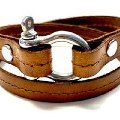 Bracelet leather cognac Hermes style shackle steel