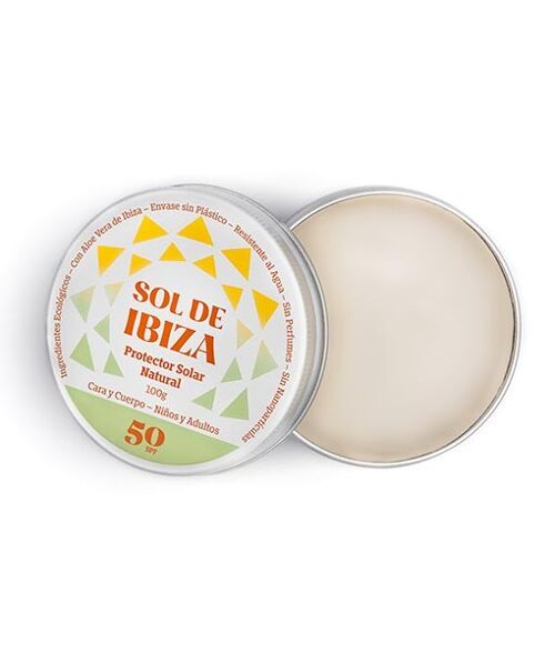 Crema Solar natural SPF50 Sol de Ibiza. BIO. Filtros minerales. Sin plástico. Especial deporte acuático. Lata de 100 ml.