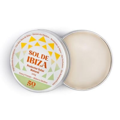 Crème Solaire Naturelle SPF50 Sol de Ibiza. BIO. Filtres minéraux. pas de plastique Spécial sport nautique. Boîte de 100 ml.