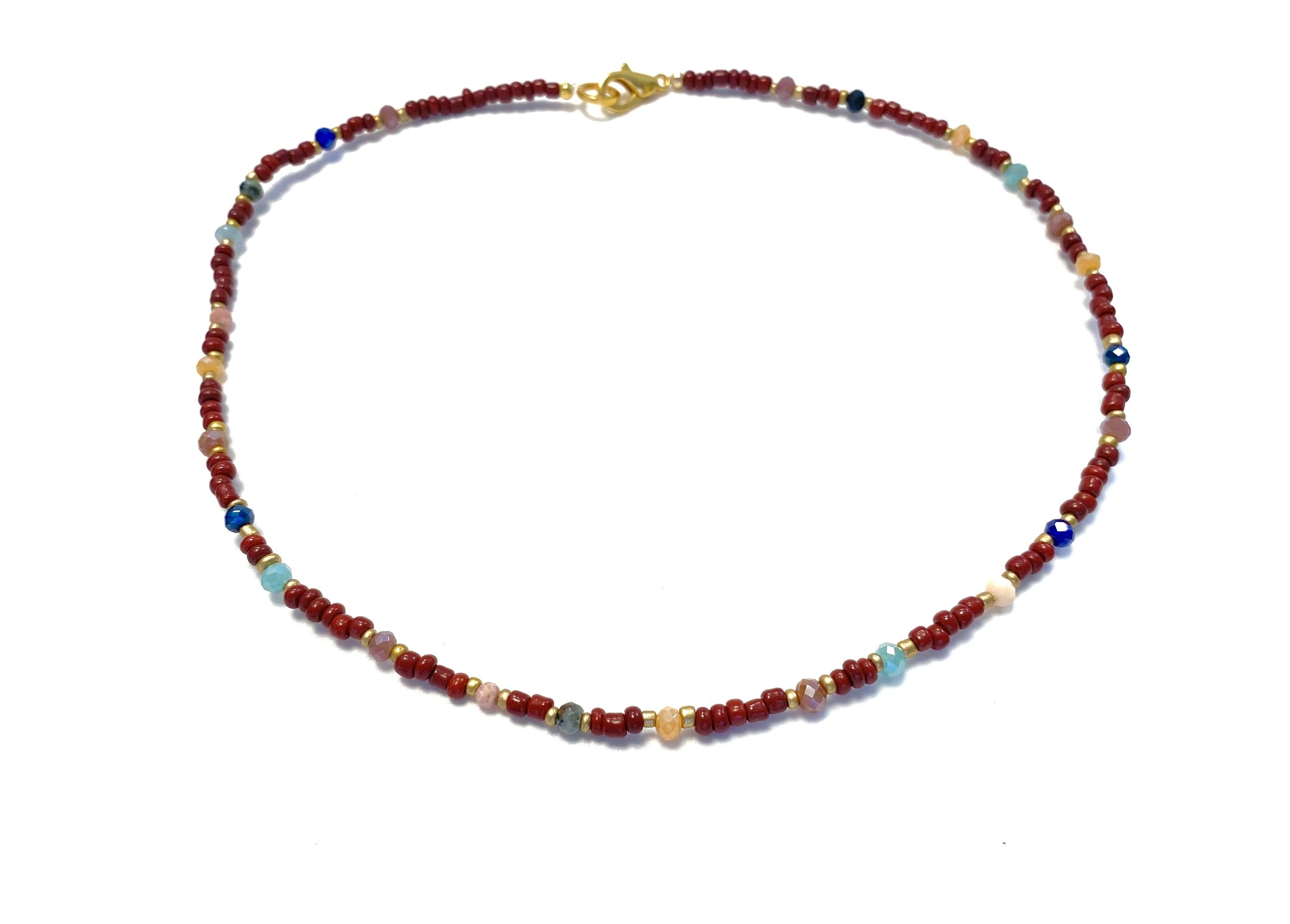 Halskette Bordeaux Glasperlen, Swarovski und Edelsteine