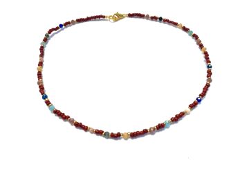 Collier perles de verre bordeaux, swarovski et pierres précieuses 1