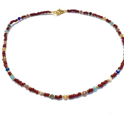 Necklace bordeaux glassbeads, swarovski and gemstones