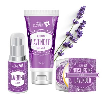 Set siero contorno occhi, crema viso e crema mani alla lavanda