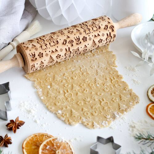 Scandinavian Two Fox And Rabbit Christmas Rolling Pin