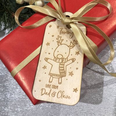 Paquete de etiquetas de regalo de Navidad de madera de reno personalizado