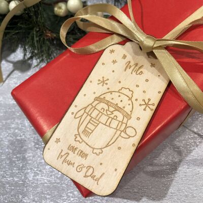 Paquete de etiquetas de regalo de Navidad de madera de pingüino personalizado