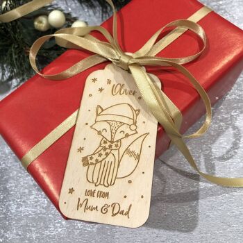 Paquet d'étiquettes-cadeaux de Noël en bois personnalisées de renard mignon 1