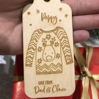 Lot d'étiquettes-cadeaux en bois pour pull de Noël personnalisé 2