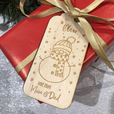 Paquets d'étiquettes-cadeaux de Noël en bois de bonhomme de neige personnalisés