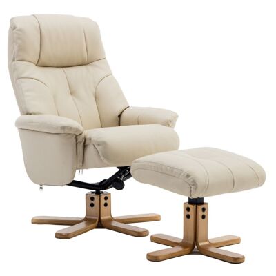 Dubai Faux Leather Cream Plush Swivel Recliner Chair With Matching Footstool