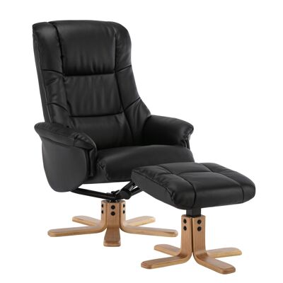 Cairo Swivel Recliner Chair & Footstool in Black Plush Faux Leather