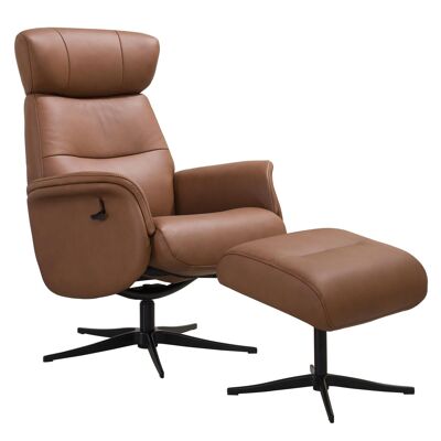 Panama in Tan Genuine Leather Swivel Recliner Chair with Adjustable Headrest & Matching Footstool - Clearance