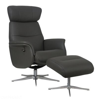 Panama in Charcoal Genuine Leather Swivel Recliner Chair with Adjustable Headrest & Matching Footstool