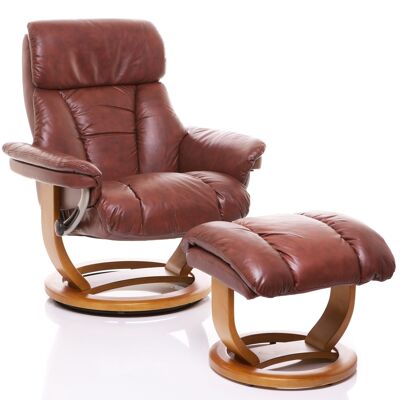 The Mars Chestnut Premium Genuine Leather Swivel Recliner Chair & Footstool