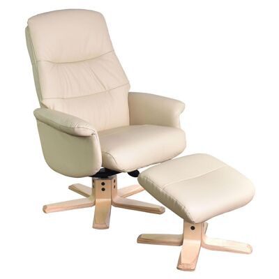 The Kansas Swivel Recliner Chair in Cream Genuine Leather and Pale Wood base.