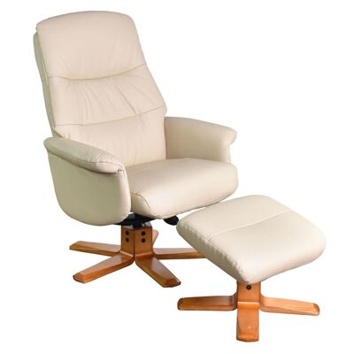 The Kansas Swivel Recliner Chair in Cream Genuine Leather and Cherry base.