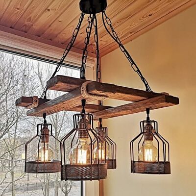 Lampadario in legno, lampada in legno rustico in stile industriale / LCH4