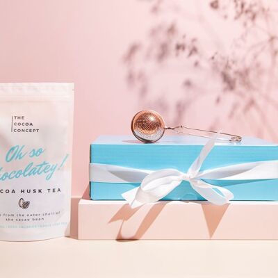 Set regalo per il tè (tè con buccia di cacao + colino da tè in oro rosa + confezione regalo)