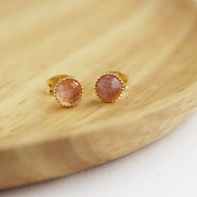 Boucles d'oreilles puces dorées à l'or fin et pierre naturelle rose - Quartz fraise