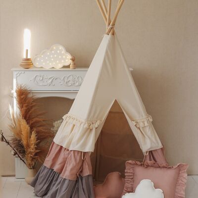 “Powder Frills” Teepee with Frills and shell Mat Powder Pink Set