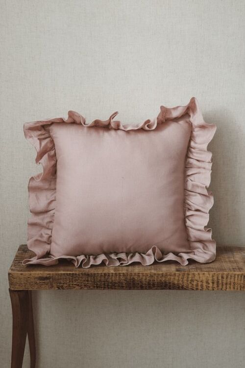 “Powder Pink Frill” Linen Pillow Cover with Frill