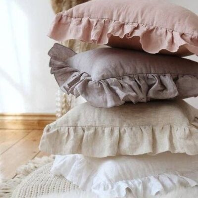 “Grey Frill” Linen Pillow Cover with Frill
