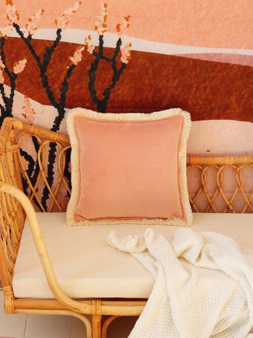 "Apricot" soft velvet pillow with fringe