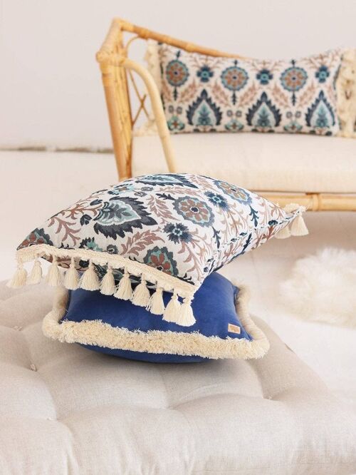 "Blue Iris in Istanbul" bolster with fringe