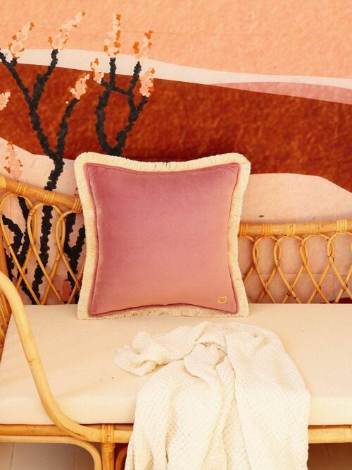 "Dirty pink" soft velvet pillow with fringe