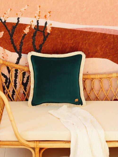 "Emerald" soft velvet pillow with fringe