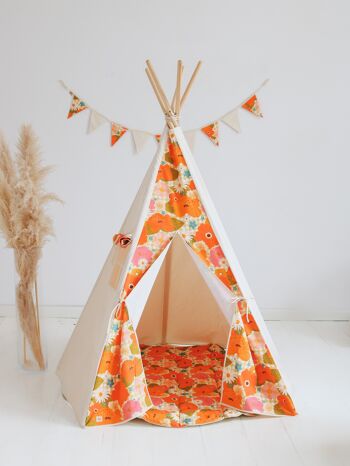 Ensemble tente tipi et tapis "Pique-nique avec des fleurs" 1