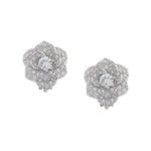 Micro Pave Round CZ Flower White Gold Plated Clip On Earrings