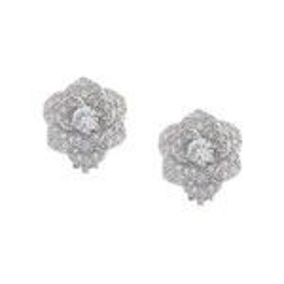 Pendientes De Clip Chapados En Oro Blanco Con Micro Pavé Redondo CZ Flor