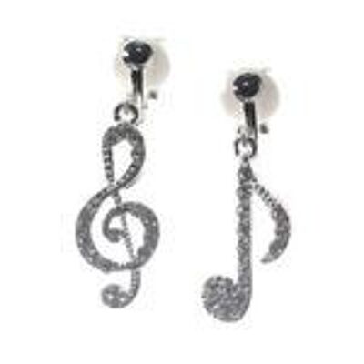 Rhinestone Crystal Music Notes Drop Clip on Earrings