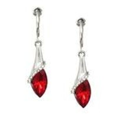 Red Teardrop Crystal Silver-tone Drop Hoop Clip On Earrings