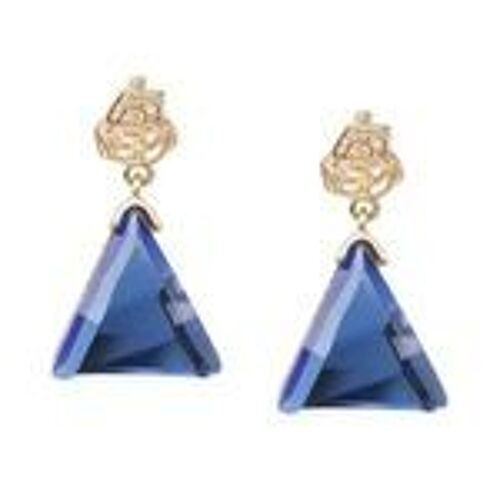 Gold-tone Crystal Flower with Blue Faceted Triangle Drop Clip On Earrings