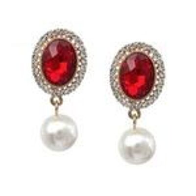 Aretes de clip con gota de perla de imitación ovalada de diamante de cristal rojo
