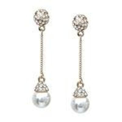 White Simulated Pearl Crystal Dangle Chain Drop Clip-on Earrings