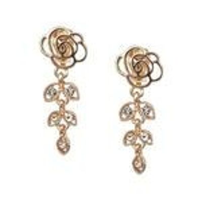 Boucles d'oreilles à clip fleur rose dorée avec feuille de cristal