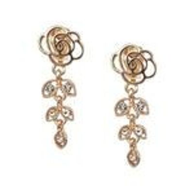 Gold-tone Rose Flower with Crystal Leaf Drop Clip On Earrings