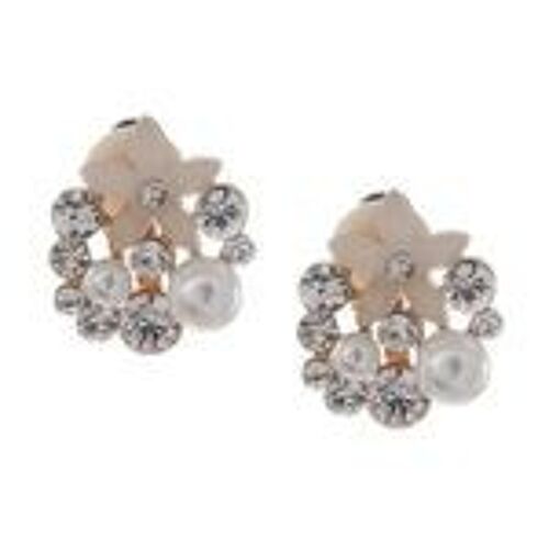 Simulated Pearl and Crystal Flower Clip On Earrings