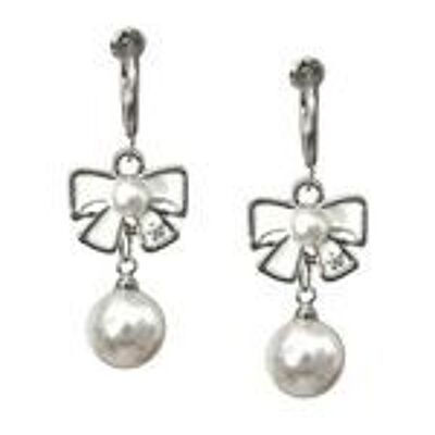 White Enamel Bow with Simulated Pearls Drop Hoop Clip On Earrings