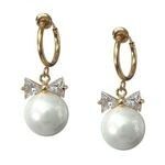Cubic Zirconia Bow with Simulated Pearl Drop Hoop Clip On Earrings
