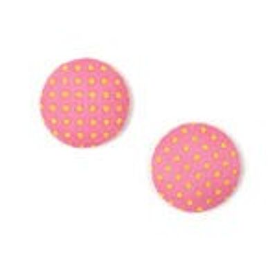 Pink polka dots fabric covered button clip-on earrings