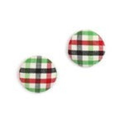 Boucles d'oreilles clip bouton recouvert tissu tartan rouge noir vert