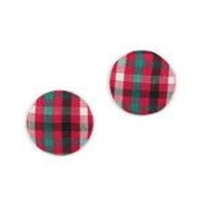 Pink black green tartan fabric covered button clip-on earrings