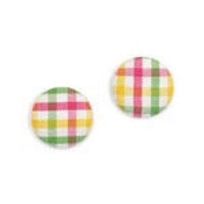 Boucles d'oreilles clip bouton recouvert tissu tartan rose jaune vert